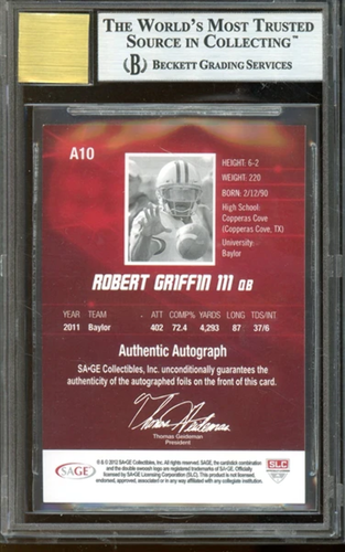 Robert Griffin III 2012 Sage Hit Autographs Gold Autograph #A10 - #87 of 250 - G - Picture 2 of 2