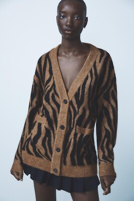 NWT ZARA ANIMAL PRINT JACQUARD KNIT CARDIGAN S $70 | eBay
