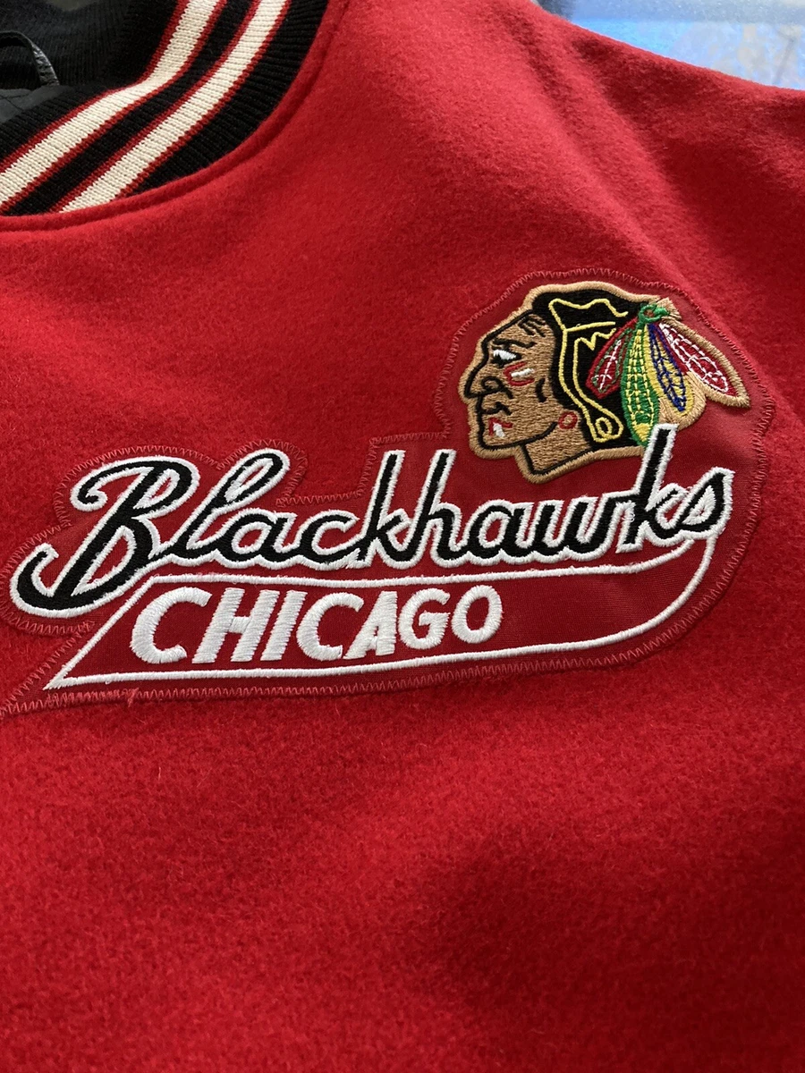 MENS NHL Mitchell Ness Chicago BLACKHAWKS Wool LEATHER Jacket