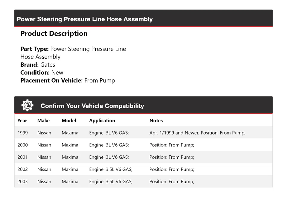 Puertas de montaje de manguera de línea de presión de dirección asistida para Nissan Máxima 1999-2003 Foto 2 de 4