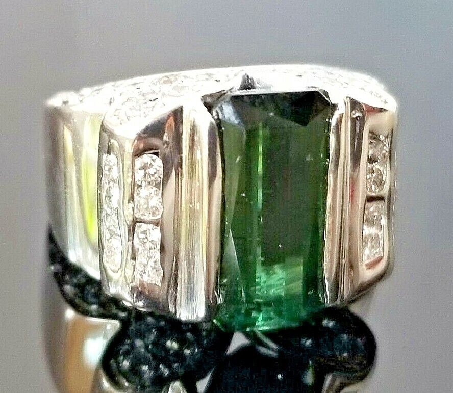 Custom Teal Green Tourmaline Diamond Heavy 14k wh… - image 2
