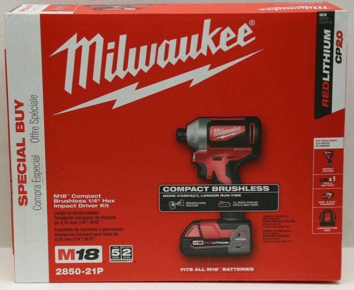 Milwaukee 2850-21P M18 Brushless 1/4-in Hex Impact Driver Kit wi
