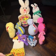 Easter Lot: 6 Vintage Crocheted Egg Covers/Holder Happy-Mates Bunny w/ Basket