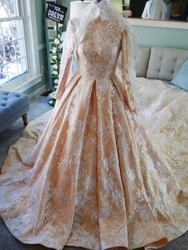 Champagne Wedding Dresses Full Lace Long Sleeves Ball Bridal Gowns Plus Size - Picture 3 of 11