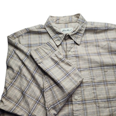 Eddie Bauer Mens Plaid Long Sleeve Button Up Shirt L G Tan Blue Casual