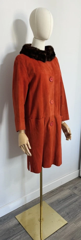 Abrigo De Colección Años 50 60 Yaring’s Austin Mujer’s Naranja Quemado Gamuza Cuero Cuello Piel Foto 3 de 4