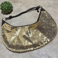 BCBG Gold Sequin Crescent Shoulder Bag Purse Y2K NYE Holiday Festive Party