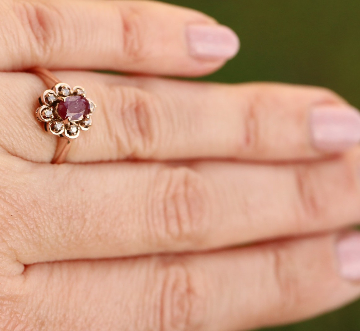 9ct Solid Rose Gold Flower Cluster Ring Ruby & Di… - image 8