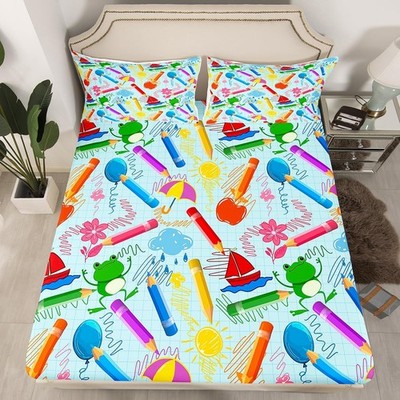Cartoon Pencil Bed Set Full Size, Colorful Nursery Fitted Cute Crayon Bedding...