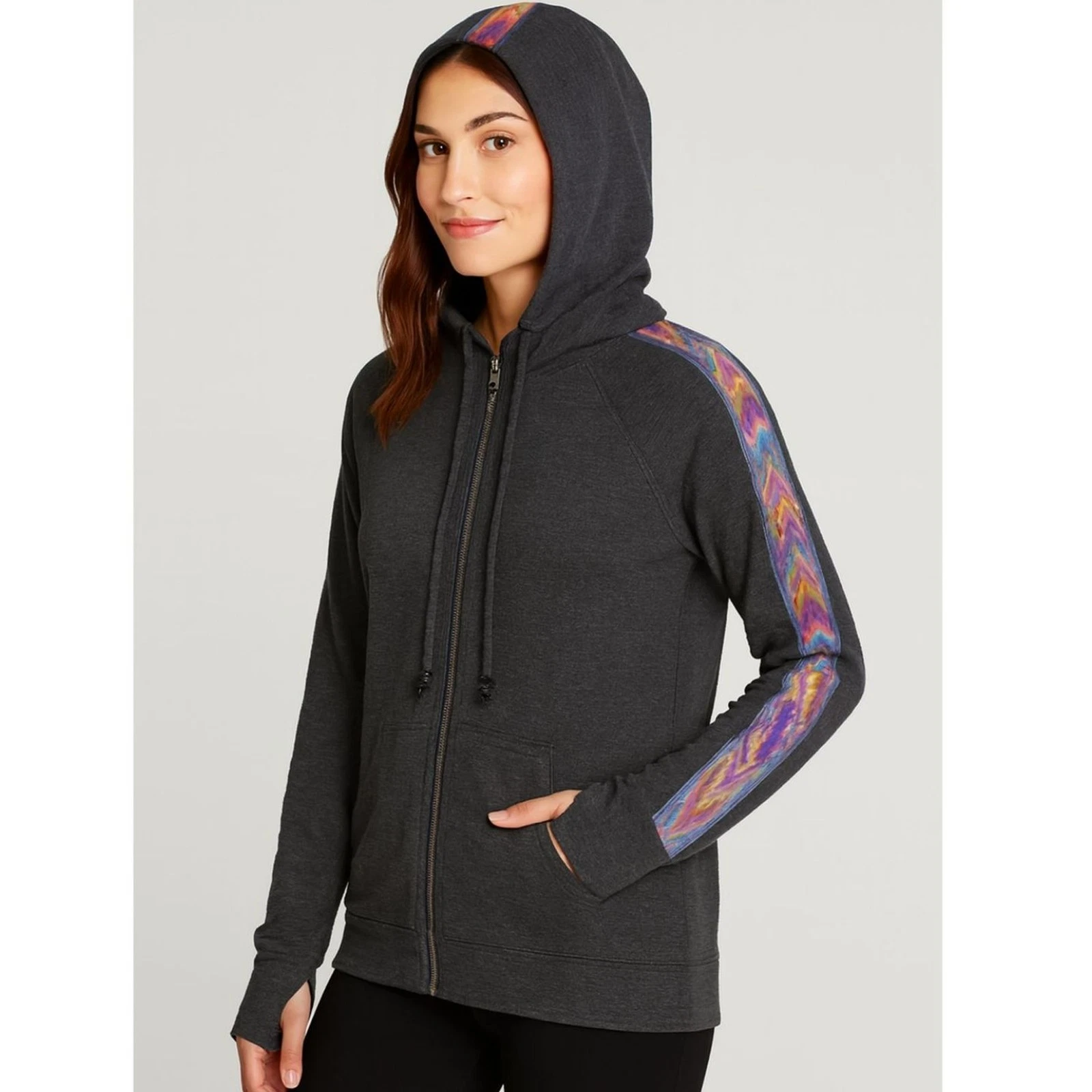 NWT Michael Lauren Zip Hoodie Zigzag Sleeve Trim Cotton-Blend Charcoal Gray XS