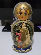 Russian Matryoshka 5 Nesting Dolls - Blue & Gold-Hand Painted Signed 