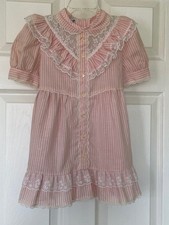 Vintage 80's Bonnie Jean Pink  White W Lace Trim Tie Back Girls Dress - Sz 5