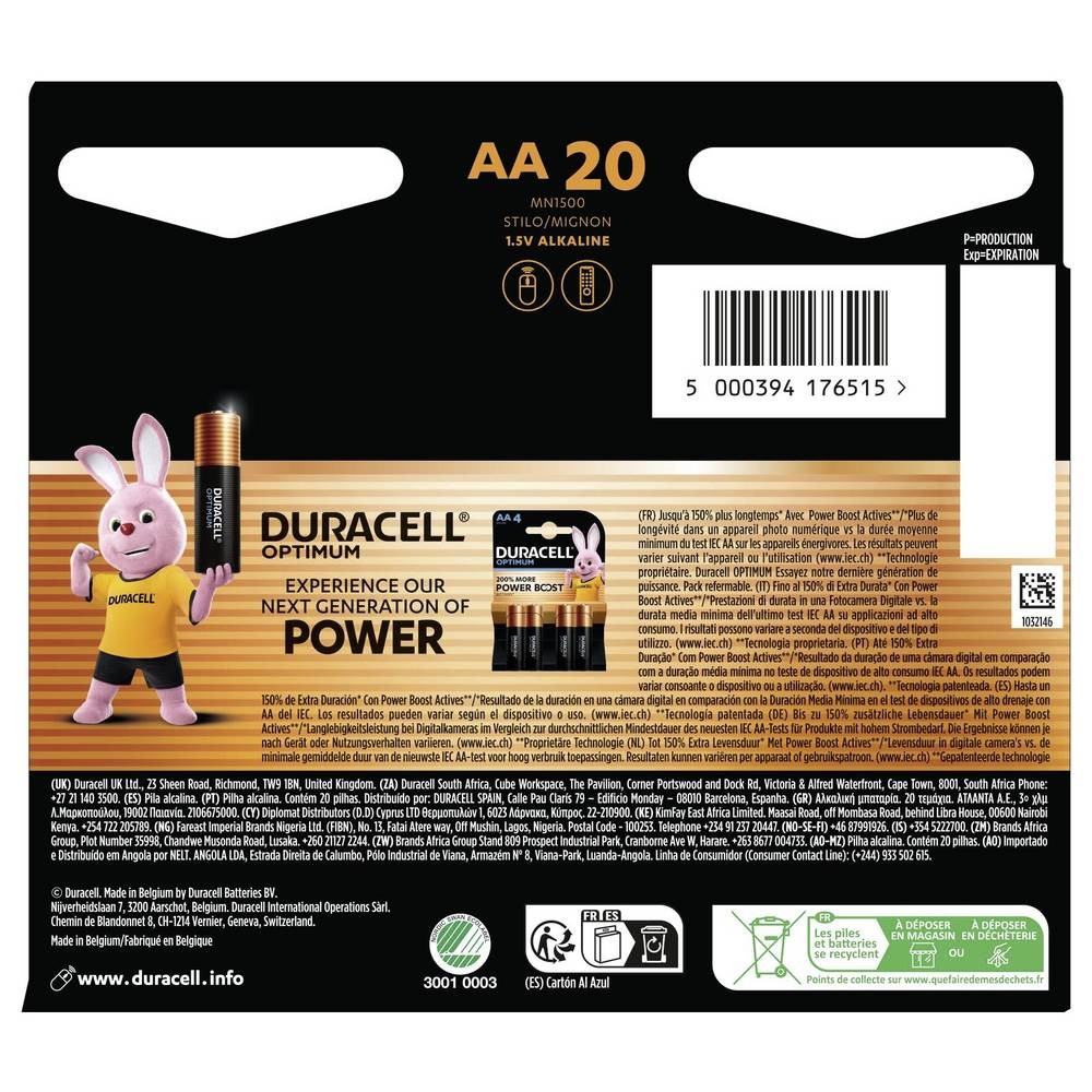 Piles LR6 AA Duracell Plus 1.5V lot de 20 indispensables pour jouets et télécommandes de salon