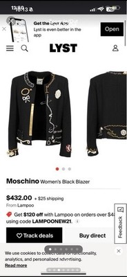 Moschino Women's Black Embellished Blazer with Beaded, Pearl, Bow Accents, Short