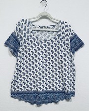 Lucky Brand Top Womens 1X White Blue Paisley Slub Knit Lightweight Peasant Boho