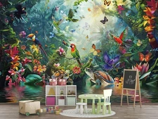 Jungle Forest Wallpaper, Animals, Birds, Butterflies Wall Mural Sticker