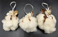 Vtg Cotton Ball Angels Handmade Christmas Ornaments Real Cotton (3) Primitive 