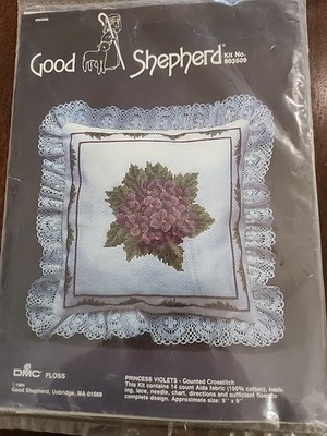 Cross Stitch Pillow Kit Square Princess Violets Vtg 1984 #803509 Good Shepherd