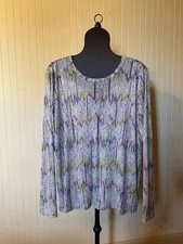 LOGO by Lori Goldstein LAYERS ~Artsy Abstract Purple/Green~L/S~Sheer Knit Top~XL