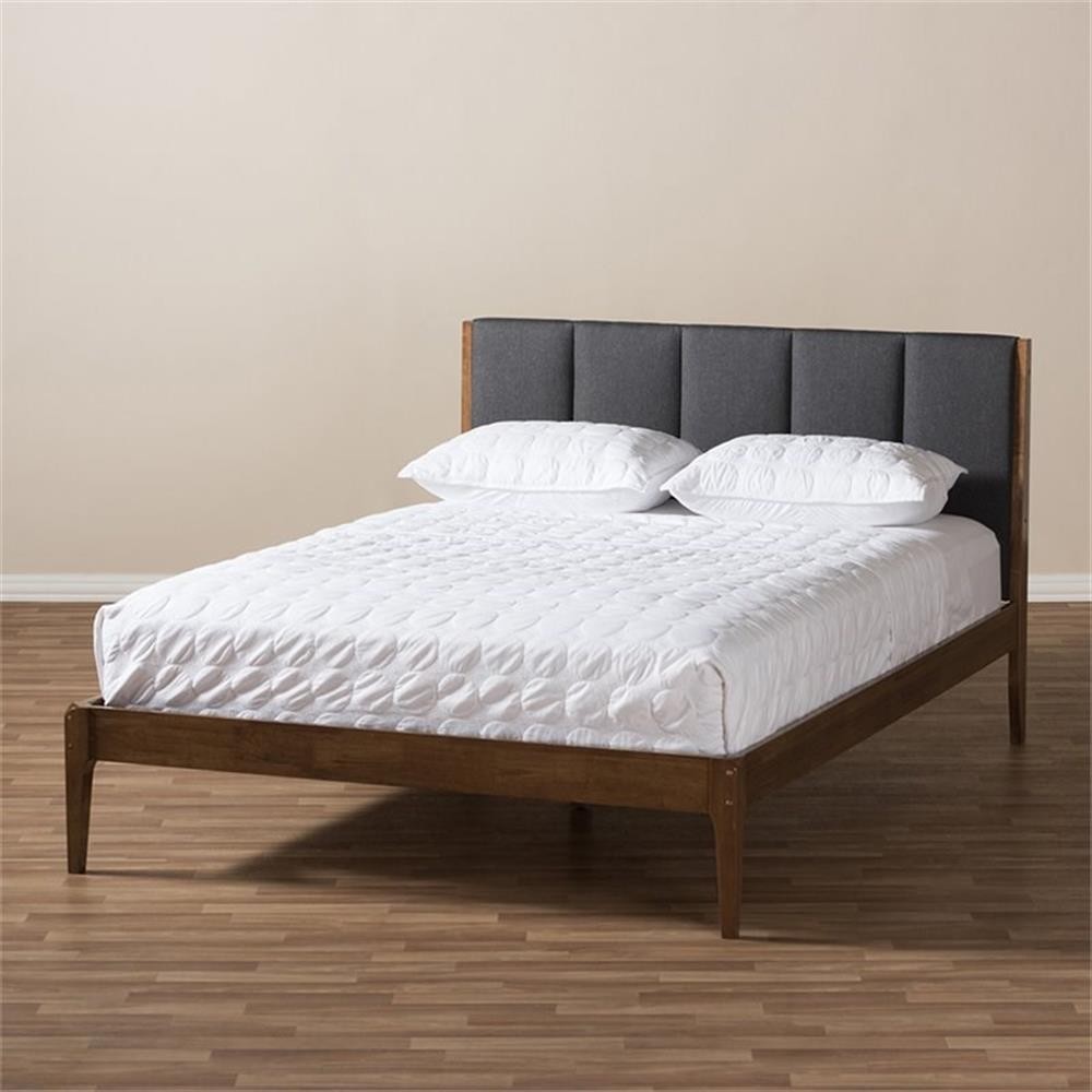 Bowery Hill Mid-century Fabric King Platform Bed in Gray/Walnut Brown