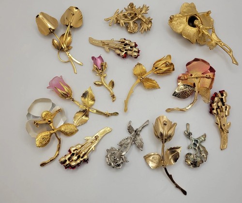 Vtg Mod Rose Brooches Lot 14 Flower Pins Signed Resell Crafts Valentines Day - Picture 7 of 9