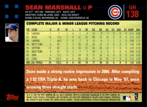 2007 Topps Updates & Highlights Red Back #UH138 Sean Marshall Chicago Cubs - Picture 2 of 2