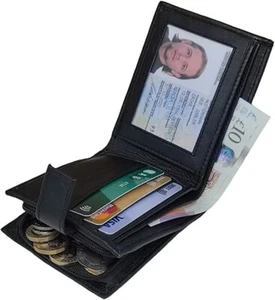 RFID Blocking Mens Real Leather Wallet Zip Coin Pocket Pouch ID Window 44 Black