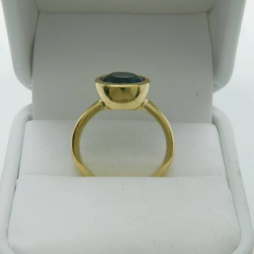 AAAA London Blue Topaz 3.41 Carats 9mm Round 14K yellow gold bezel set ring. - Picture 4 of 8