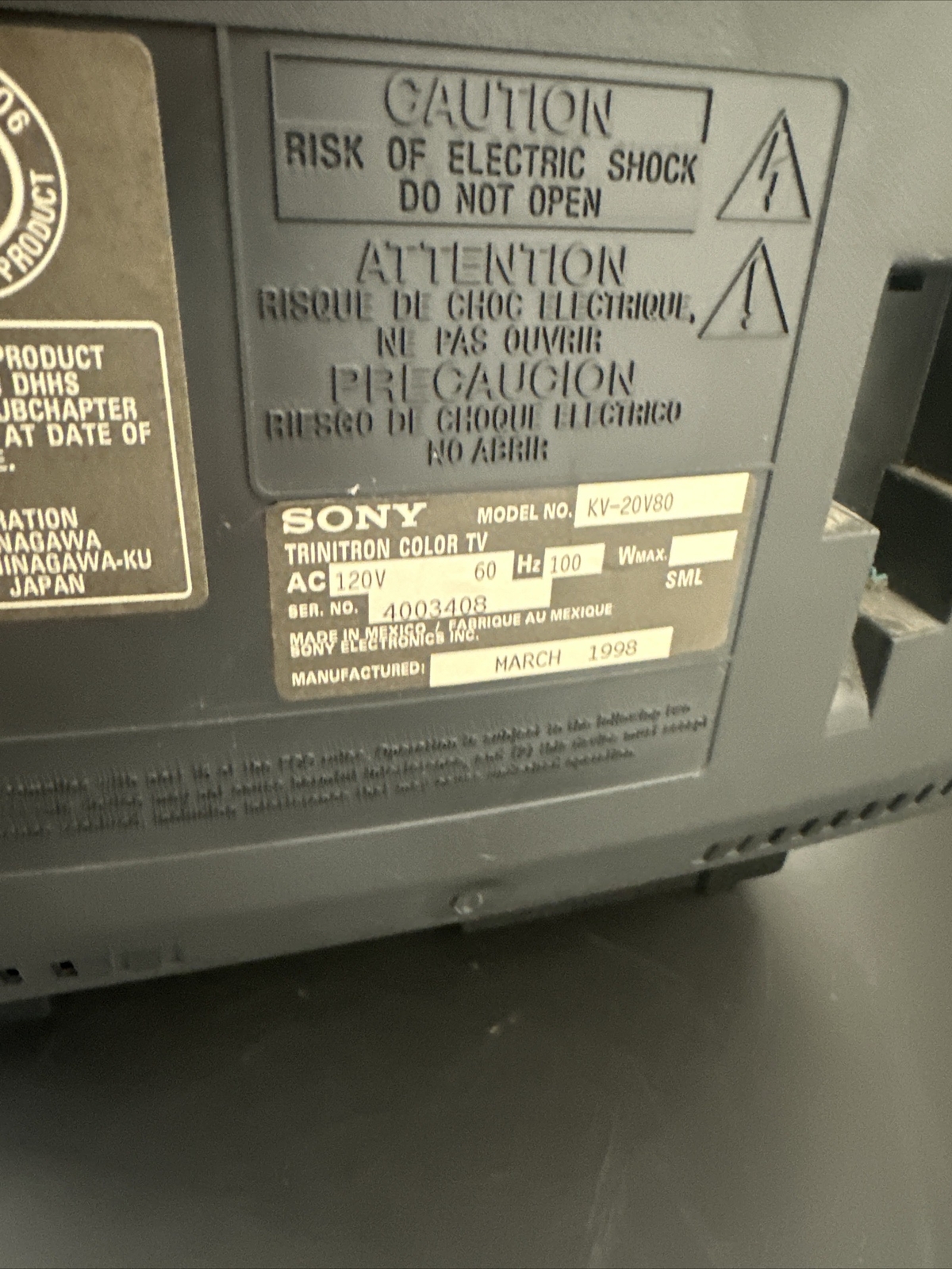 1999 20 inch Sony Trinitron KV-20V80 CRT Television - Excellent Condition