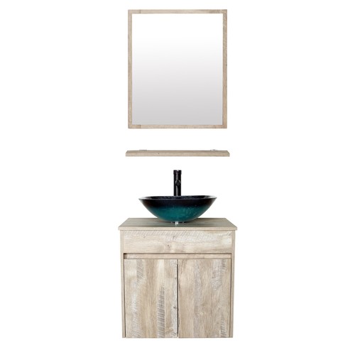 24" Bathroom Vanity Set Glass Ceramic Sink Combo Wall Mounted 2 Doors & Mirror - Picture 21 of 36