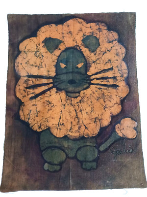 Vtg Mighty Lion w Mane Batik Fabric Print Art Green & Gold Signed Julia 15 x 20''