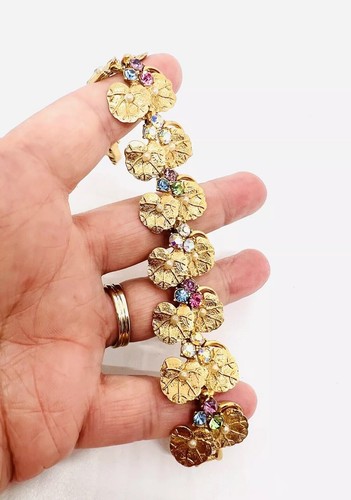 Bracciale testurizzato foglia di ginkgo pastello strass e perle finte gioielli vintage - Foto 6 di 7