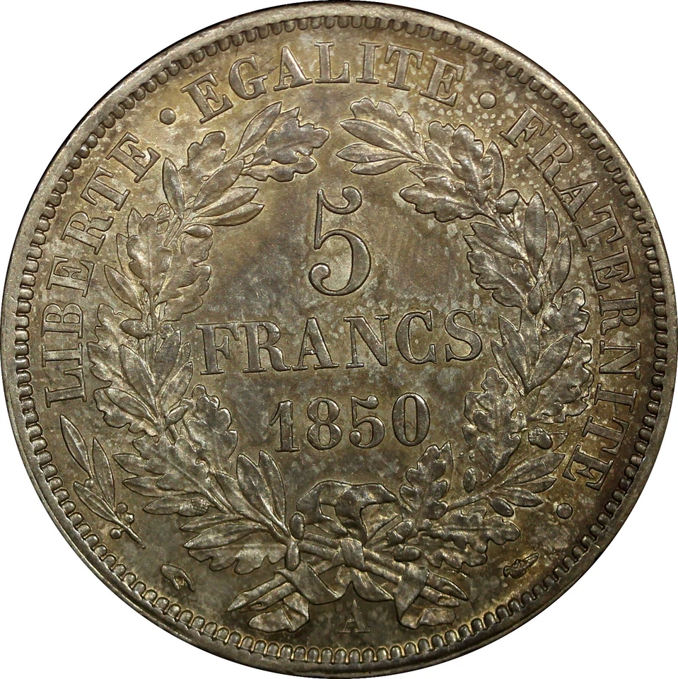 Francia Segunda República Plata 1850 A 5 Francos aUNC/UNC Buen Tono KM# 761.1 (6) Foto 3 de 3