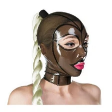UK Latex Hood Rubber Black Lines Mask and Single Ponytail Wig Fetish Mask BDSM