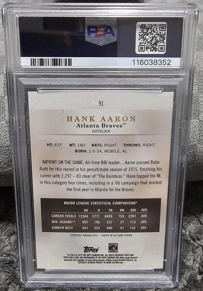 Tarjeta refractor roja 2017 Topps Gold Label Hank Aaron #'d 3/25 PSA 10 Braves Salón de la fama Foto 2 de 2