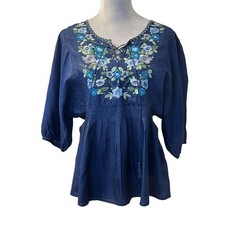 Women's Floral Embroidered V-Neck B Tunic Blouse Top S Y2K 