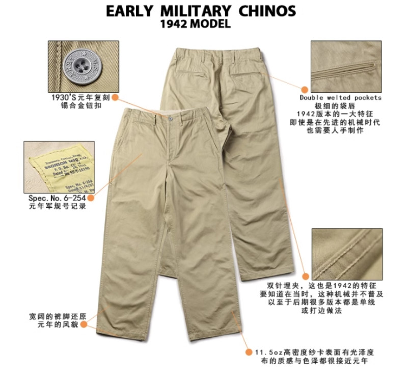 WW2 1942 Army Military Chinos Khaki Pants Men's straight-leg Overalls Size 36