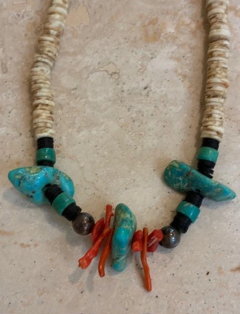 Southwest Vintage TURQUOISE / CORAL/ Heishi Shell Lot of 2 NECKLACES Handmade - Image 3 of 4