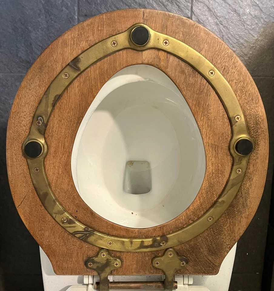 Asiento de inodoro de roble J. L. Mott con accesorios de latón y anillo de soporte (posible reproducción) Foto 2 de 4