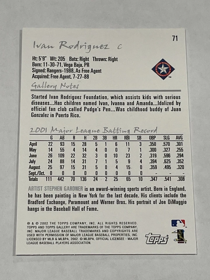 2002 Topps Gallery Baseball #71 - Ivan Rodriguez - Texas Rangers - Image 2 of 2