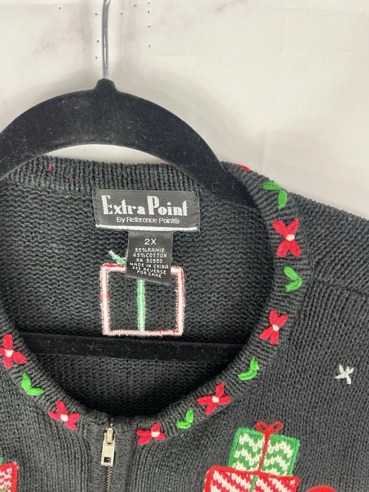 Suéter navideño bordado vintage Y2K talla grande 2x negro Santa Navidad feo Foto 4 de 4