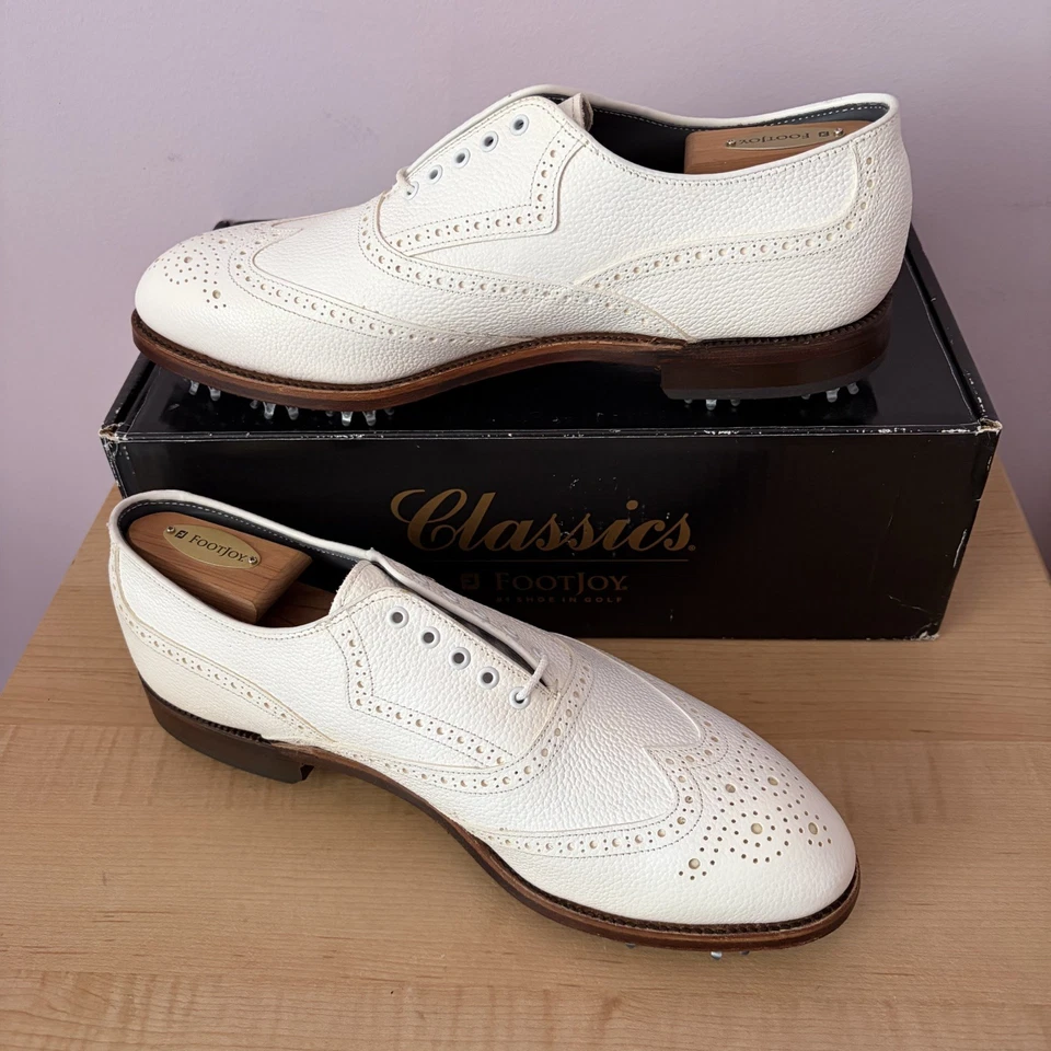 NEW FootJoy Classics White pebble Leather brogue wingtip golf shoes Men's 9.5C - Image 4 of 4
