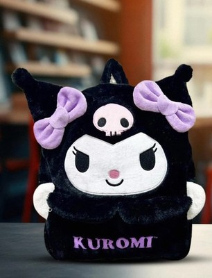 Kuromi Sanrio Plush Character Girls Small Backpack, Bow, Zip, Adjustable, Black