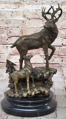 Signed Original Male Stag With His Baby Fawn Bronze Sculpture Marble Base Statue