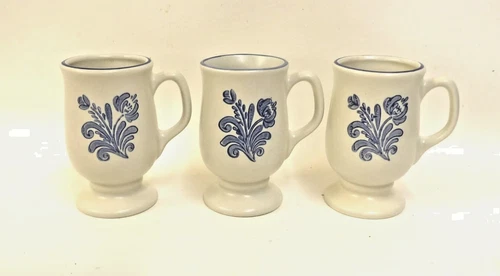 Pfaltzgraff Yorktowne Stoneware Footed Pedestal Coffee Cup Mugs - Set 3
