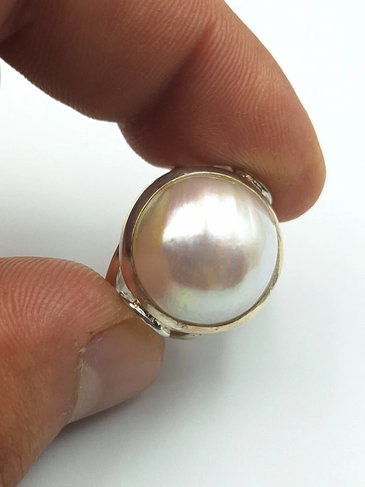 Anello Artigianale Da Donna In Argento 925 Perla 17 MM Australiana Oro Bianco  - Immagine 2 di 4