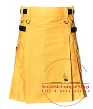 Scottish Handmade Yellow Kilt Utility Deluxe Cotton Leather Straps Hybrid Kilt