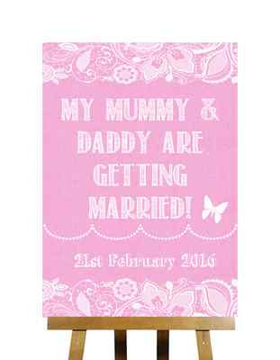 Personalisiertes Hochzeitsschild rosa Sackleinen Spitze Mama und Papa heiraten