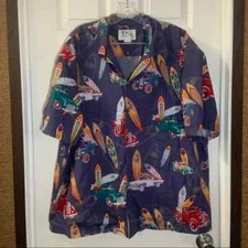 KY’s Men's Blue Multicolor Hot Rod/Surf Board Print Button Up Shirt 2XL