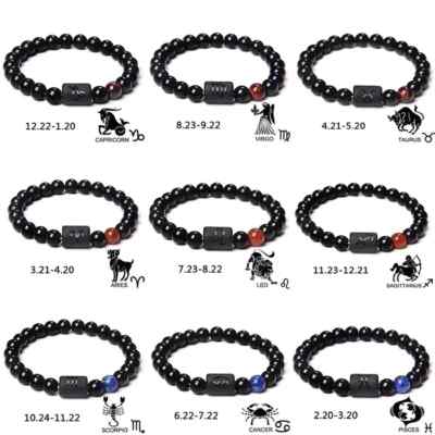 Horoscope Zodiac Sign Elastic Tiger Eye Double Sided Beaded Bracelet Gift